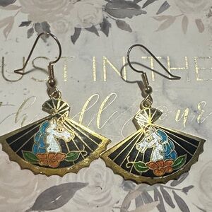 VTG Cloisonne Unicorn Fan Earrings